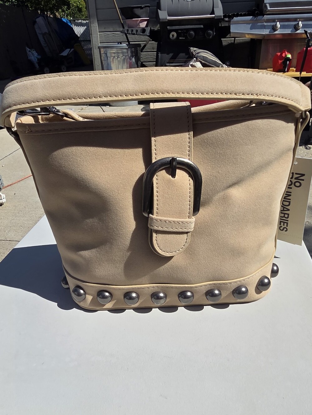 No Boundaries Tan Stud-Trim Bucket Shoulder Bag